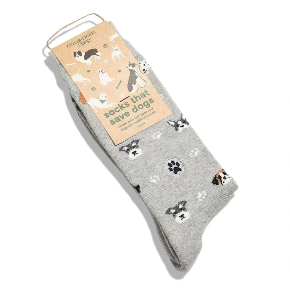 Conscious Step Gray Dog Print Socks small unisex